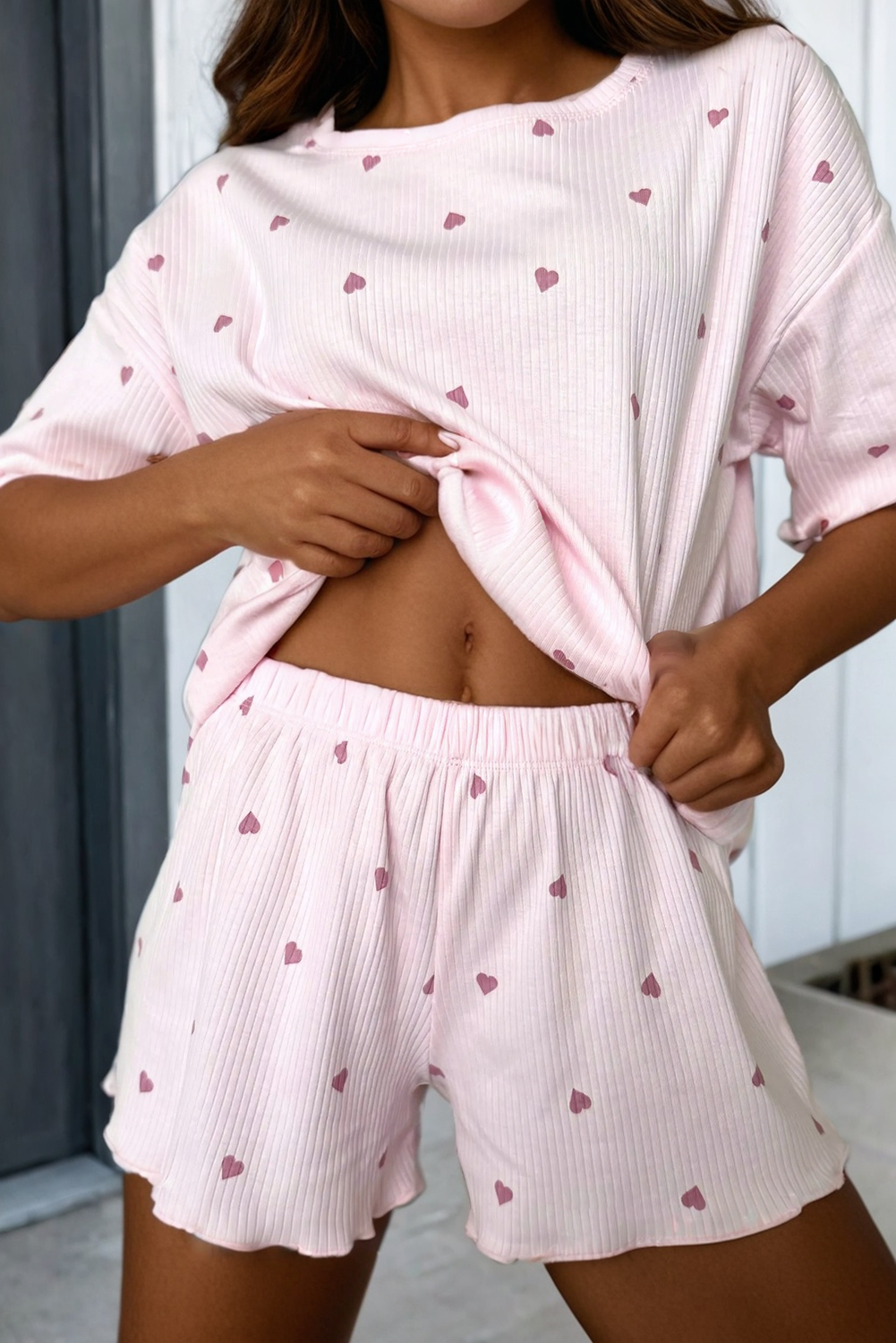 Heart Ribbed Knit Short Lounge Set