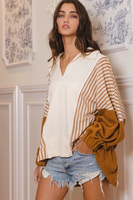 Camel V Neck Contrast Top