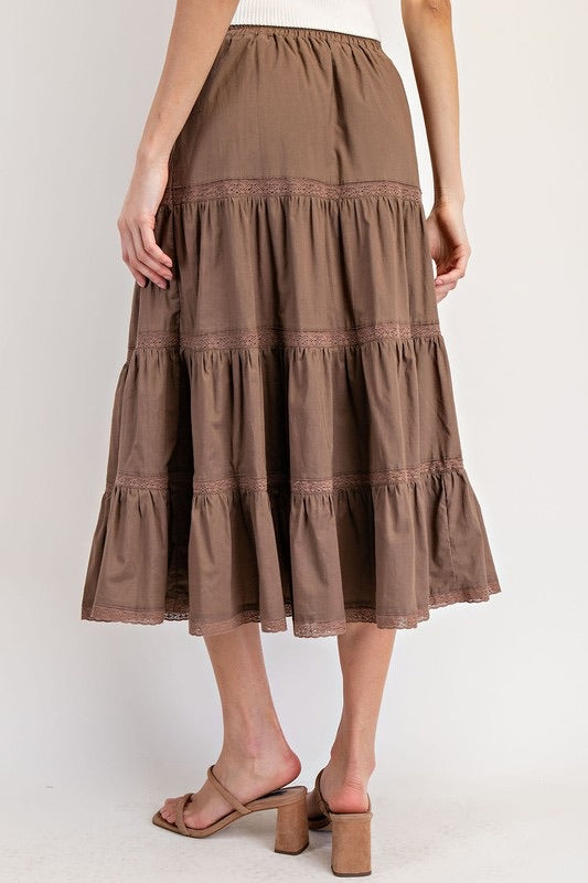 Coffee Tiered Lace Skirt