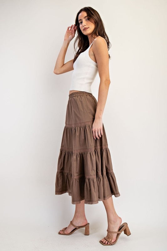 Coffee Tiered Lace Skirt