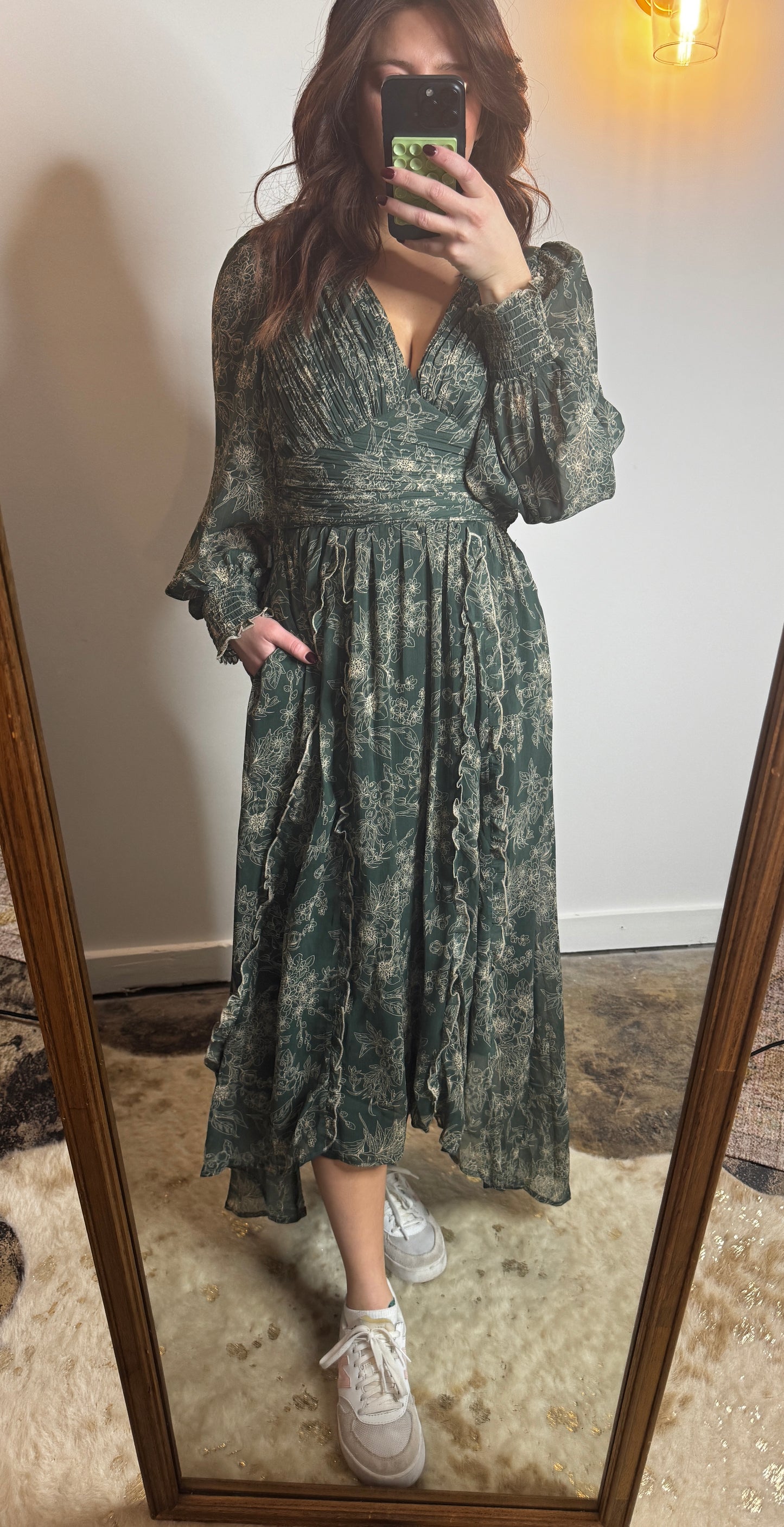 Green Floral Cinch Dress