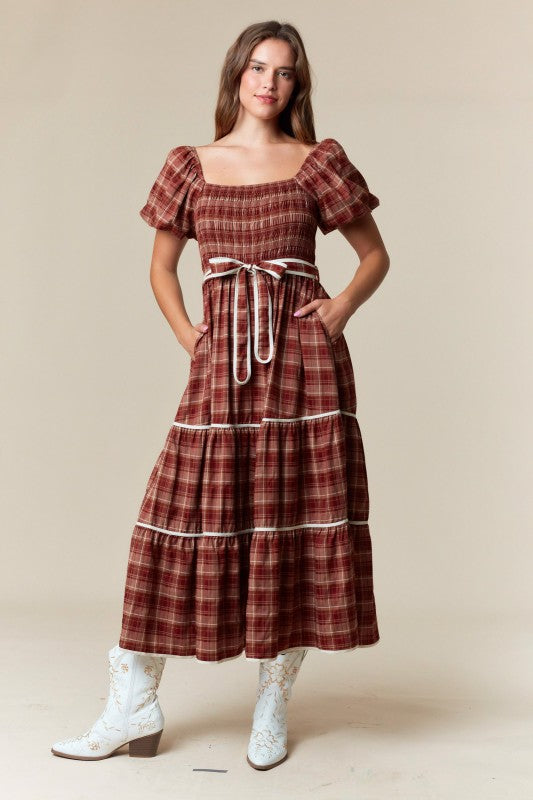 Fall Plaid Smocked Maxi