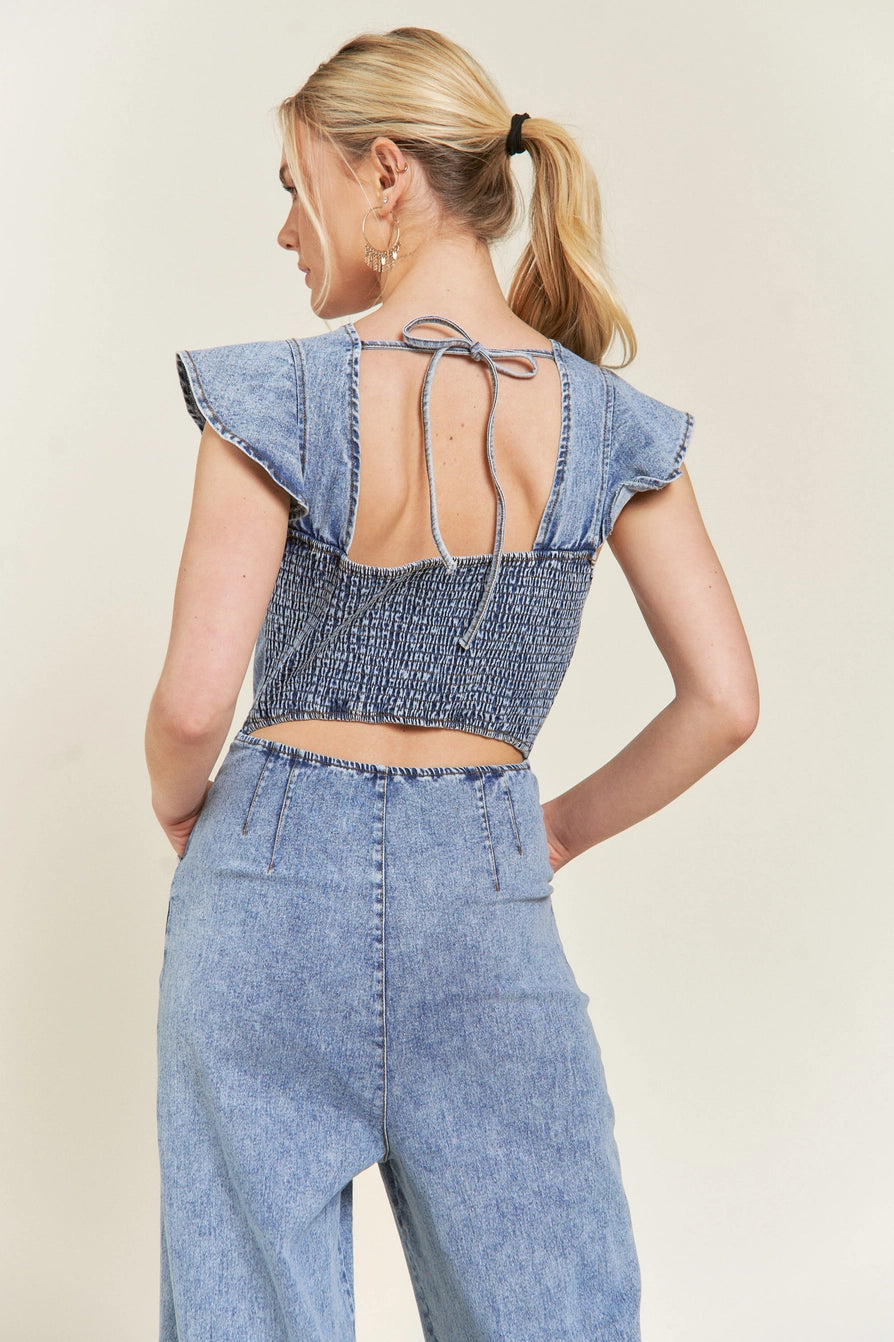 Ruffle Denim Jumpsuit