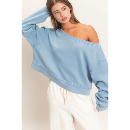 Off Shoulder Dusty Blue Sweatshirt