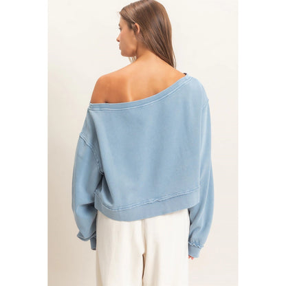 Off Shoulder Dusty Blue Sweatshirt