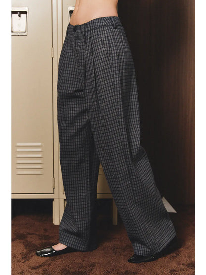 Navy Plaid Wide Leg Pant
