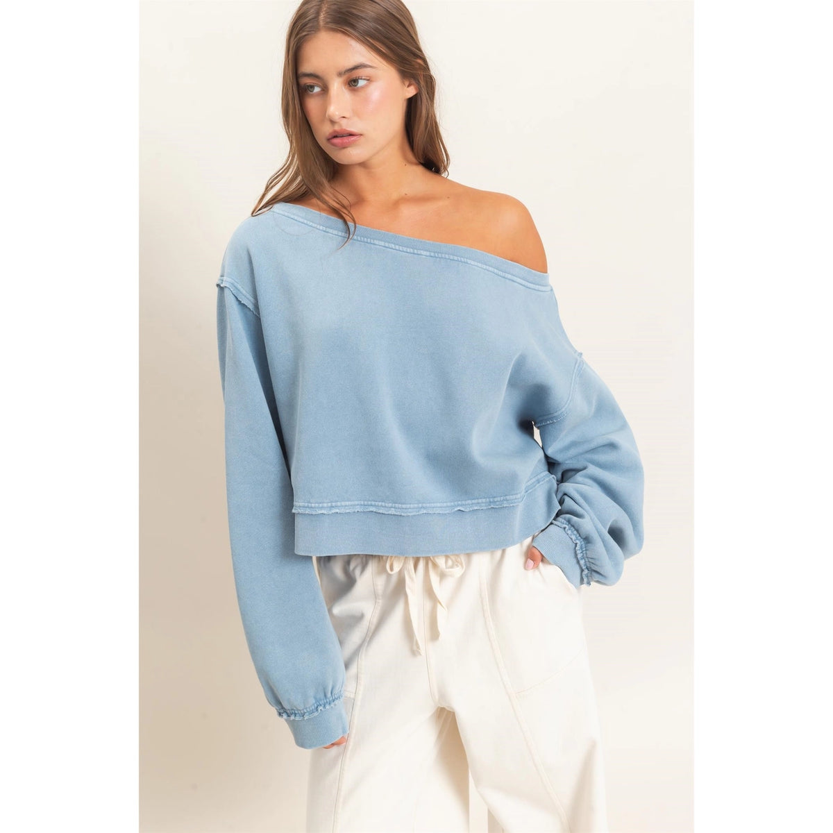 Off Shoulder Dusty Blue Sweatshirt
