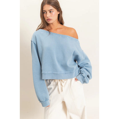Off Shoulder Dusty Blue Sweatshirt