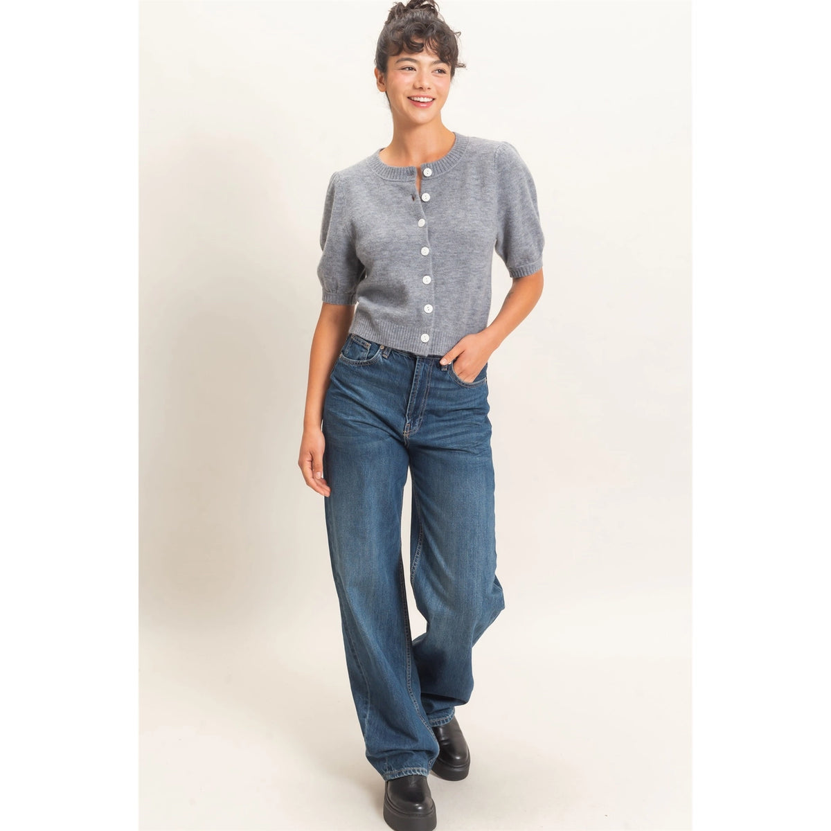 Button Short Sleeve Sweater