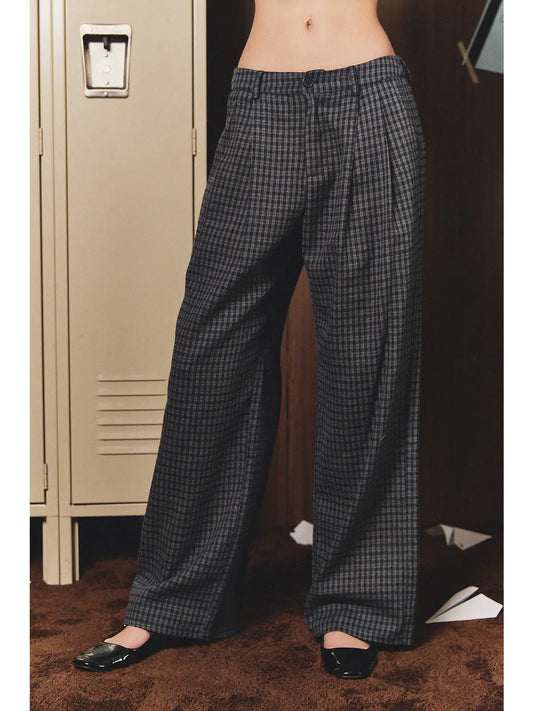 Navy Plaid Wide Leg Pant