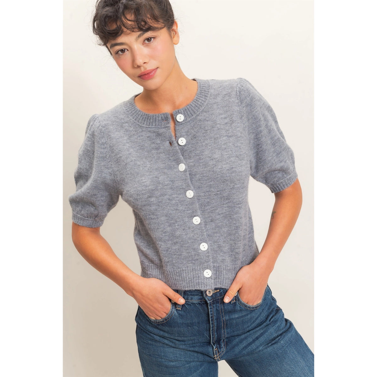 Button Short Sleeve Sweater