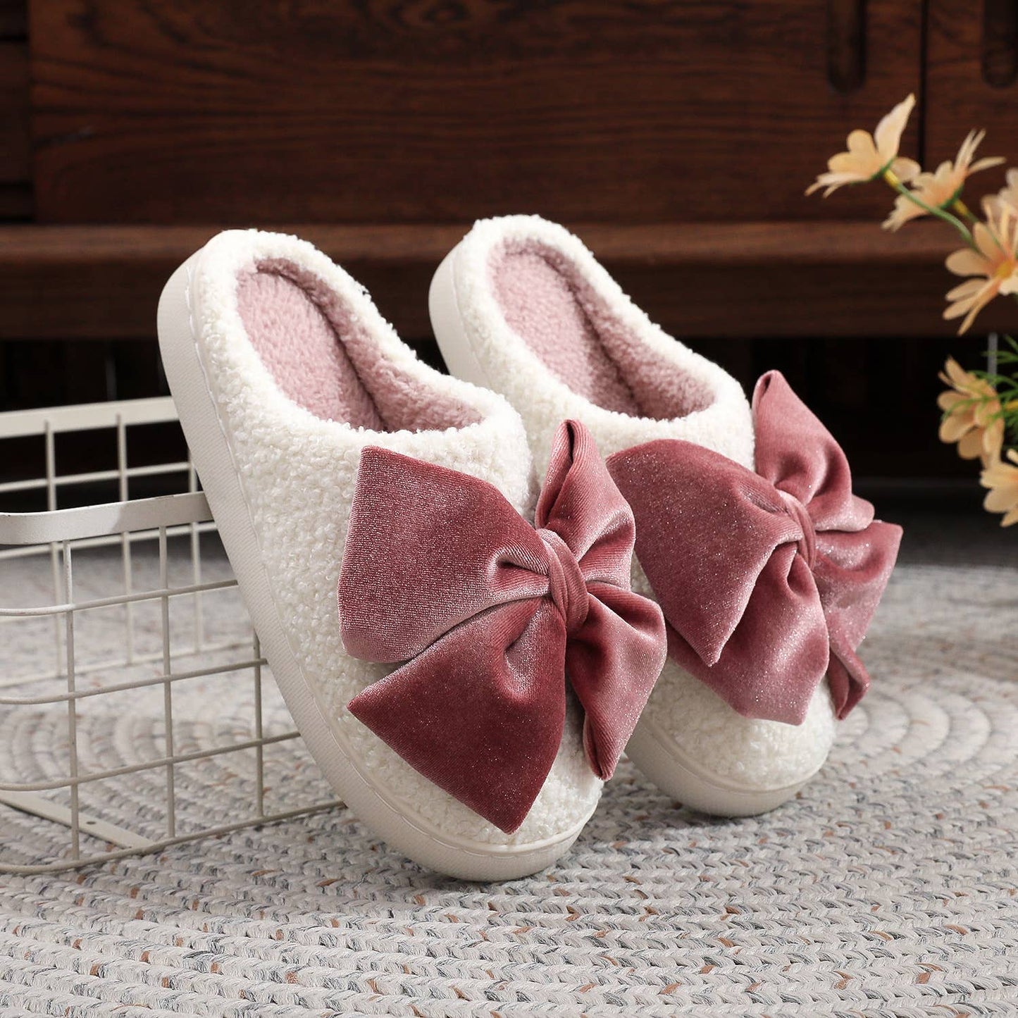 Velvet Bow Plush Slippers