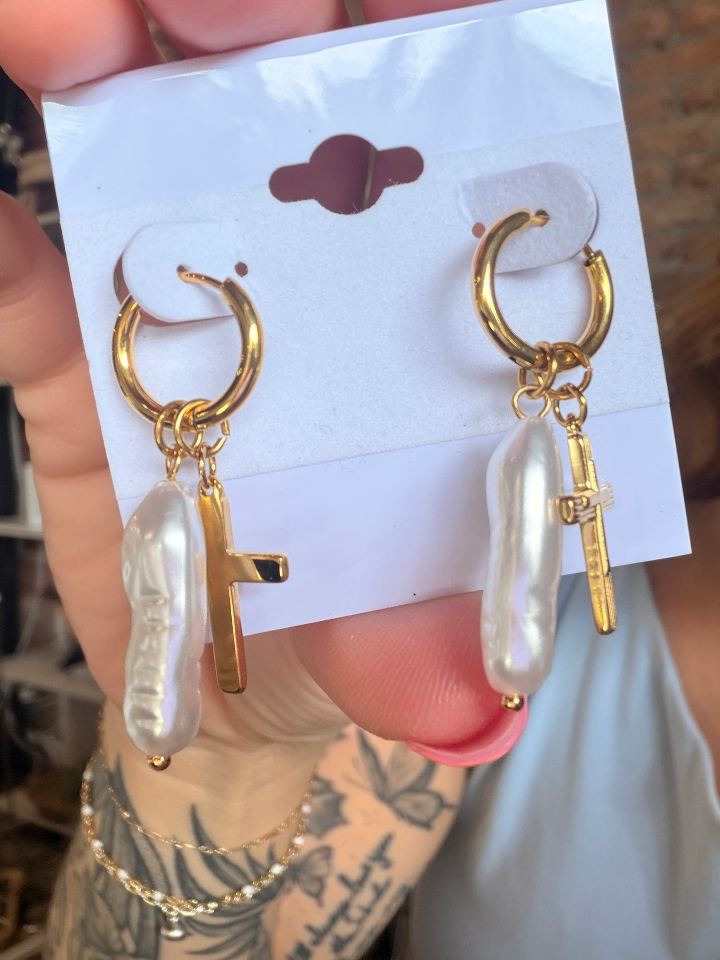 Pearl Cross Earrings