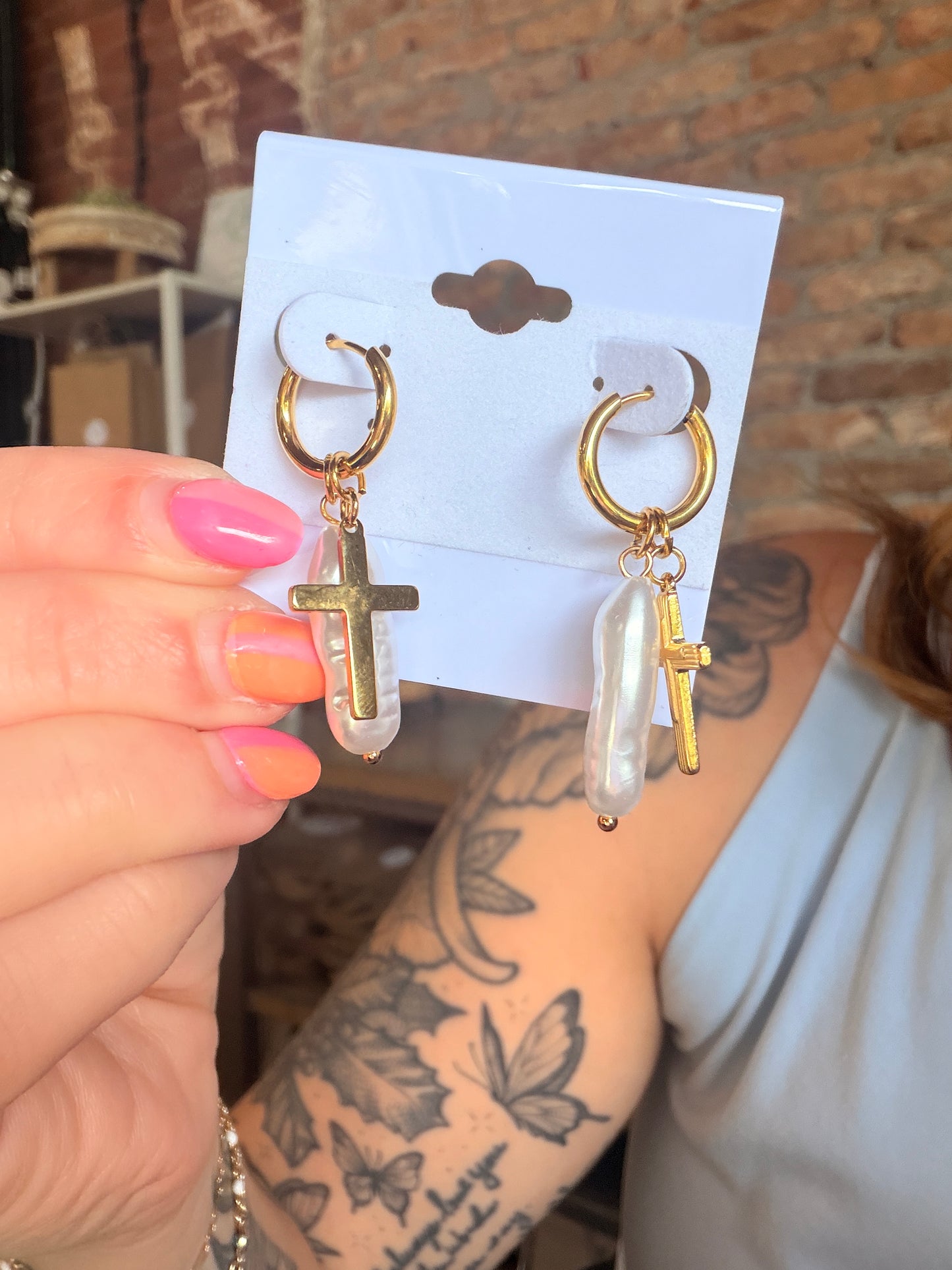Pearl Cross Earrings