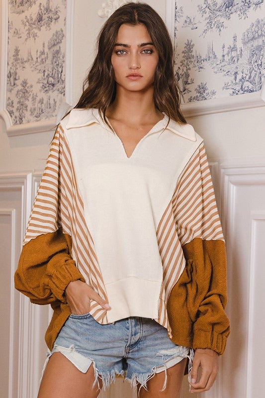 Camel V Neck Contrast Top
