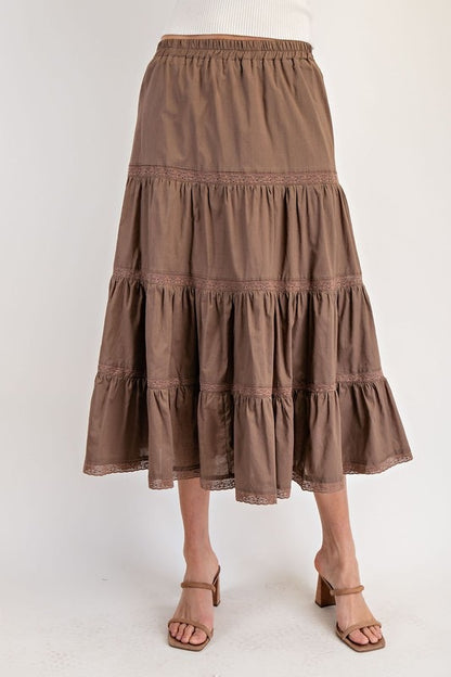 Coffee Tiered Lace Skirt