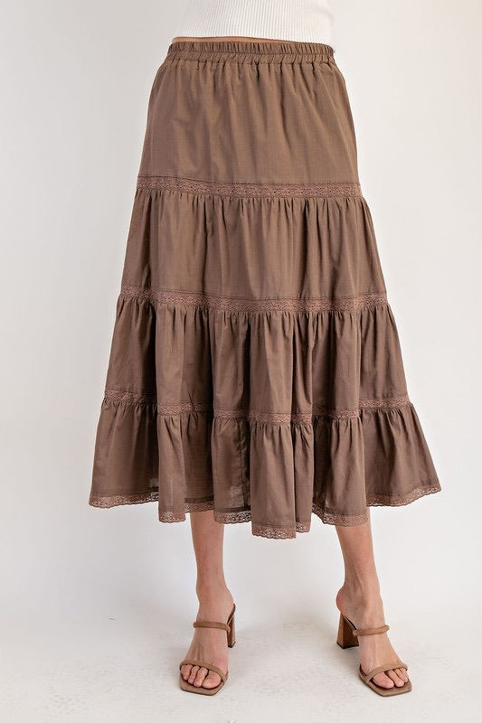 Coffee Tiered Lace Skirt