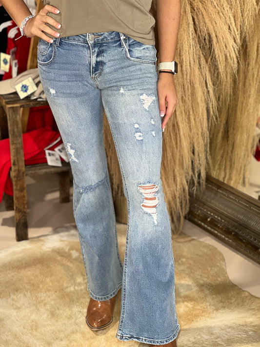 Mid Rise Destroyed Pocket Flare Jeans