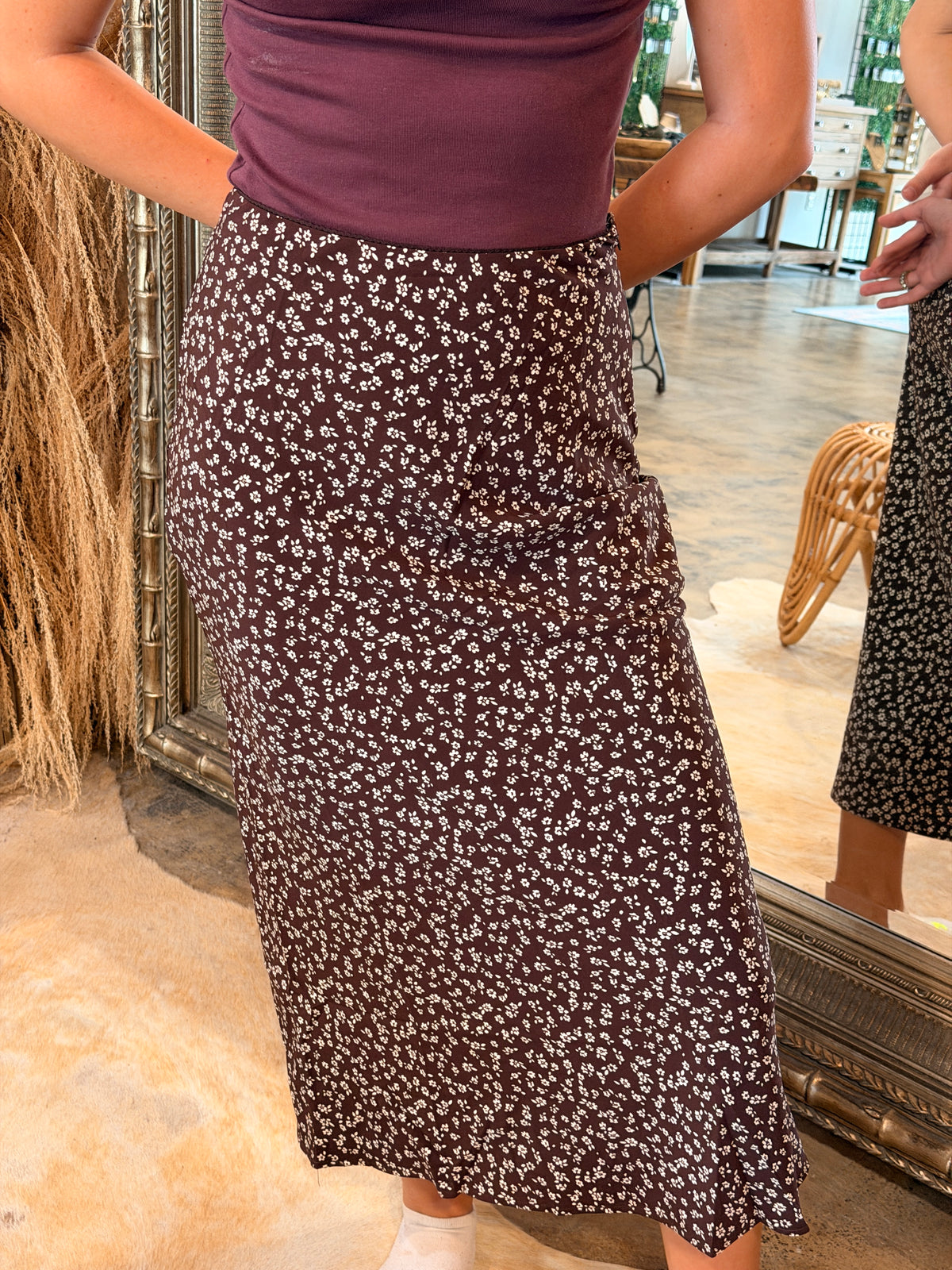Brown Floral Satin Skirt