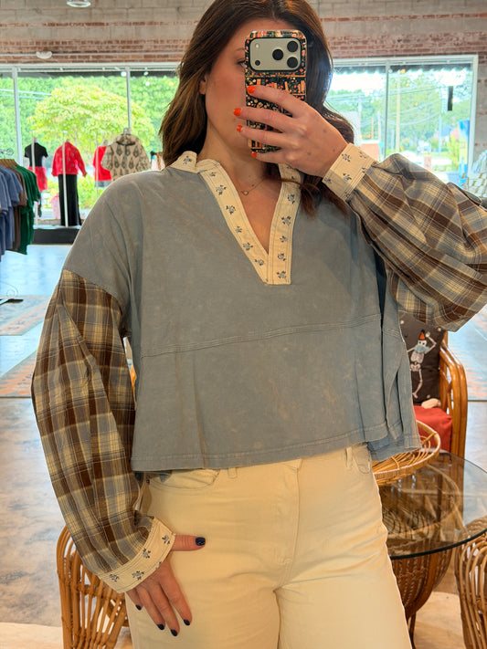 Plaid Contrast Denim Top