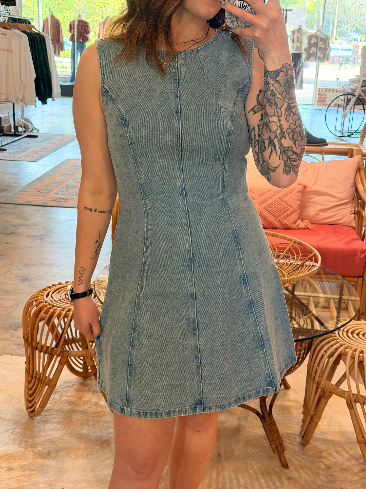 Round Neck Denim Mini Dress