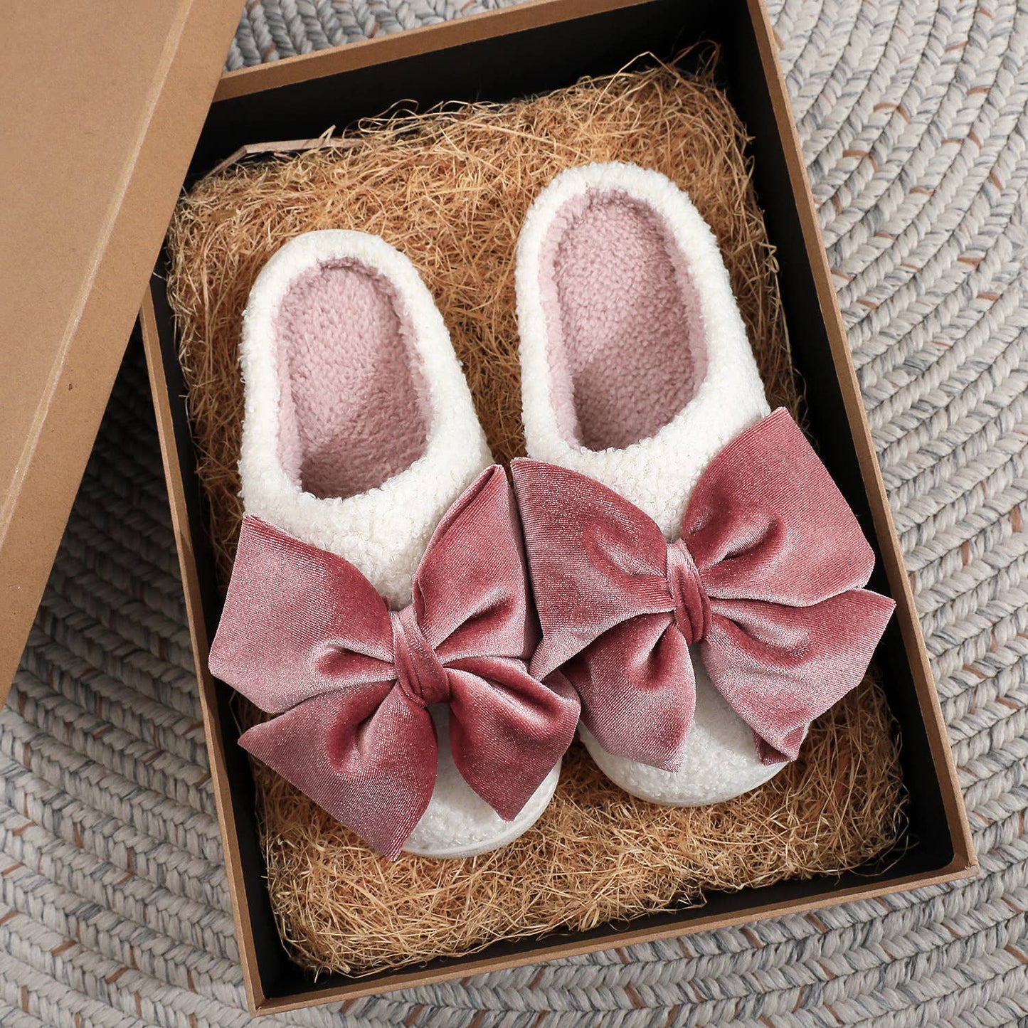 Velvet Bow Plush Slippers