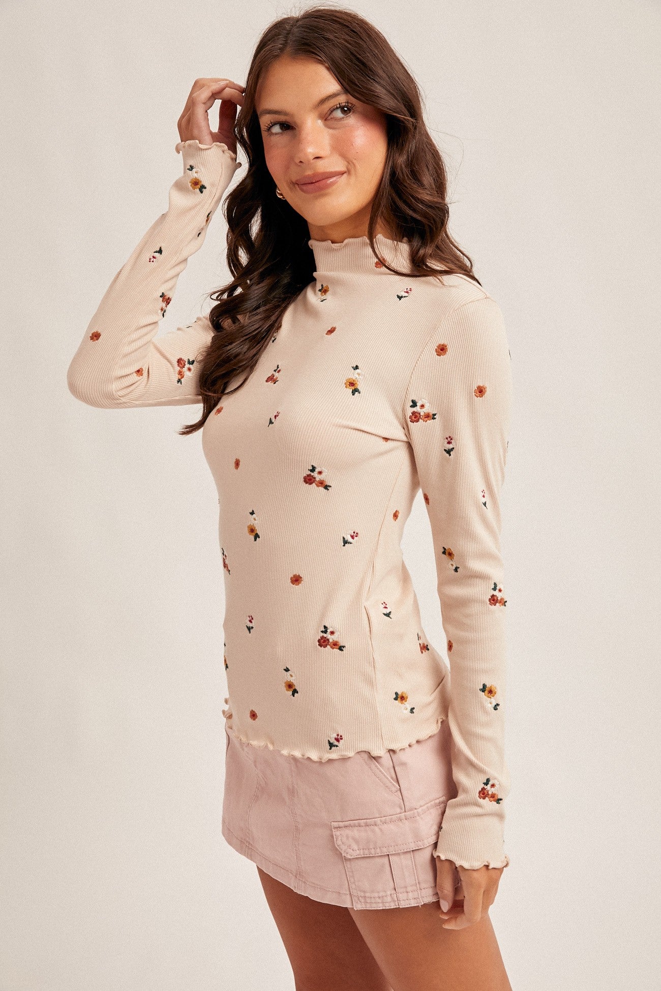 Ecru Embroidered Floral Ribbed Top