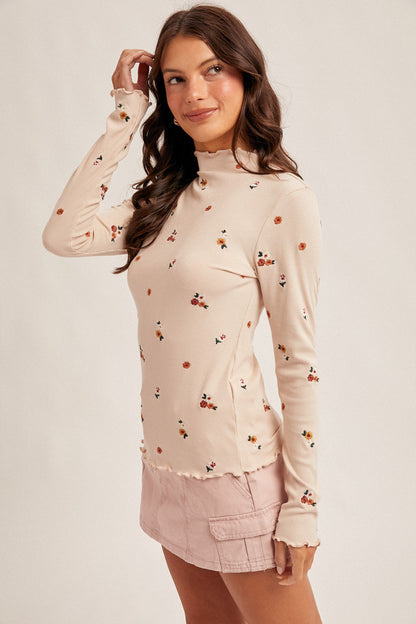 Ecru Embroidered Floral Ribbed Top