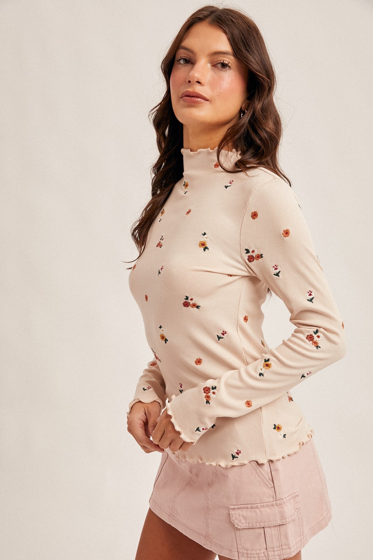 Ecru Embroidered Floral Ribbed Top