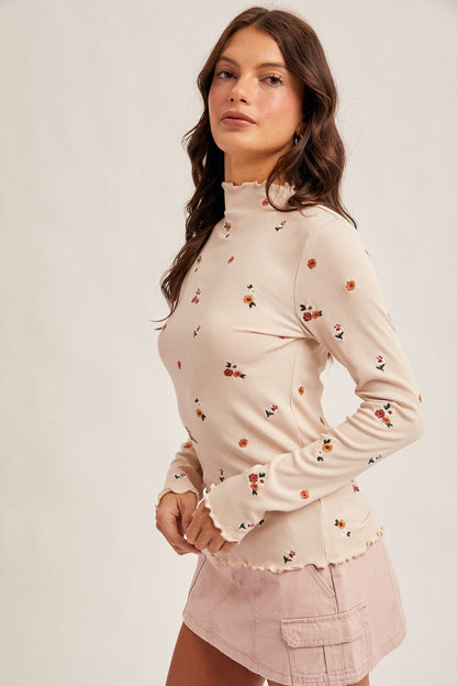 Ecru Embroidered Floral Ribbed Top