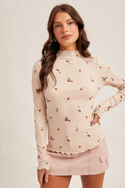 Ecru Embroidered Floral Ribbed Top
