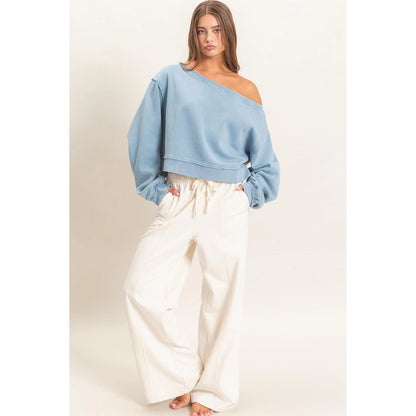 Off Shoulder Dusty Blue Sweatshirt