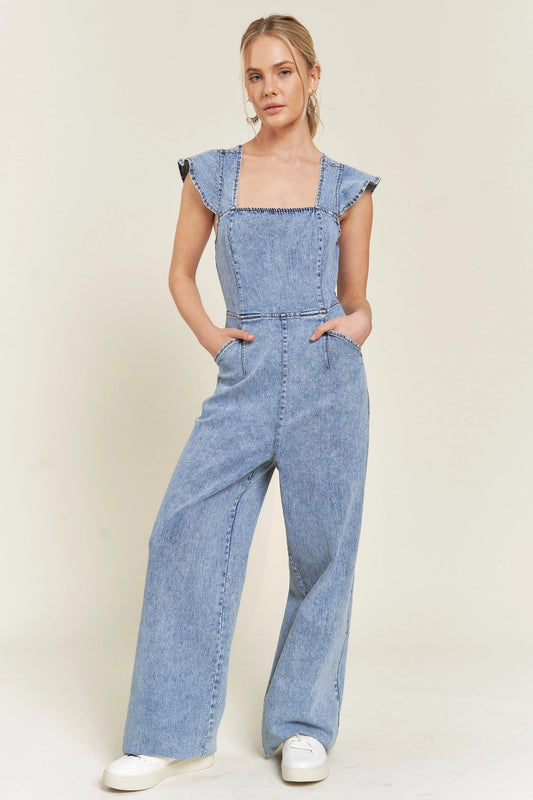 Ruffle Denim Jumpsuit