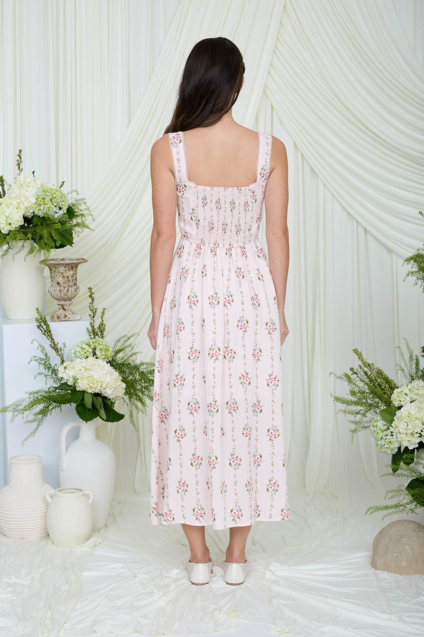 Pink Floral Corset Midi Dress