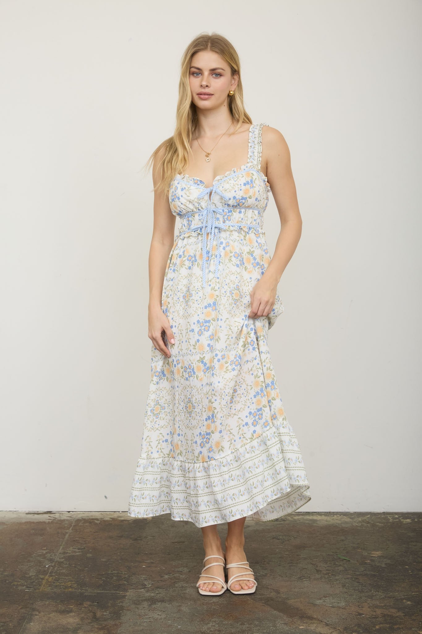 Blue Floral Front Tie Midi Dress