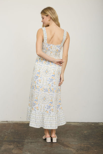 Blue Floral Front Tie Midi Dress