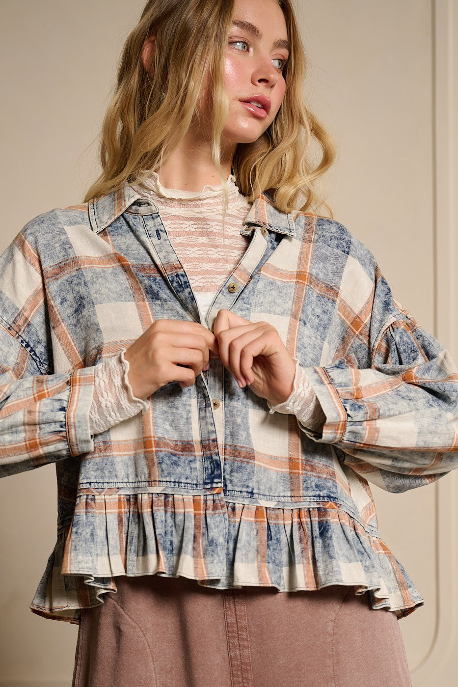 Plaid Ruffle Button Up