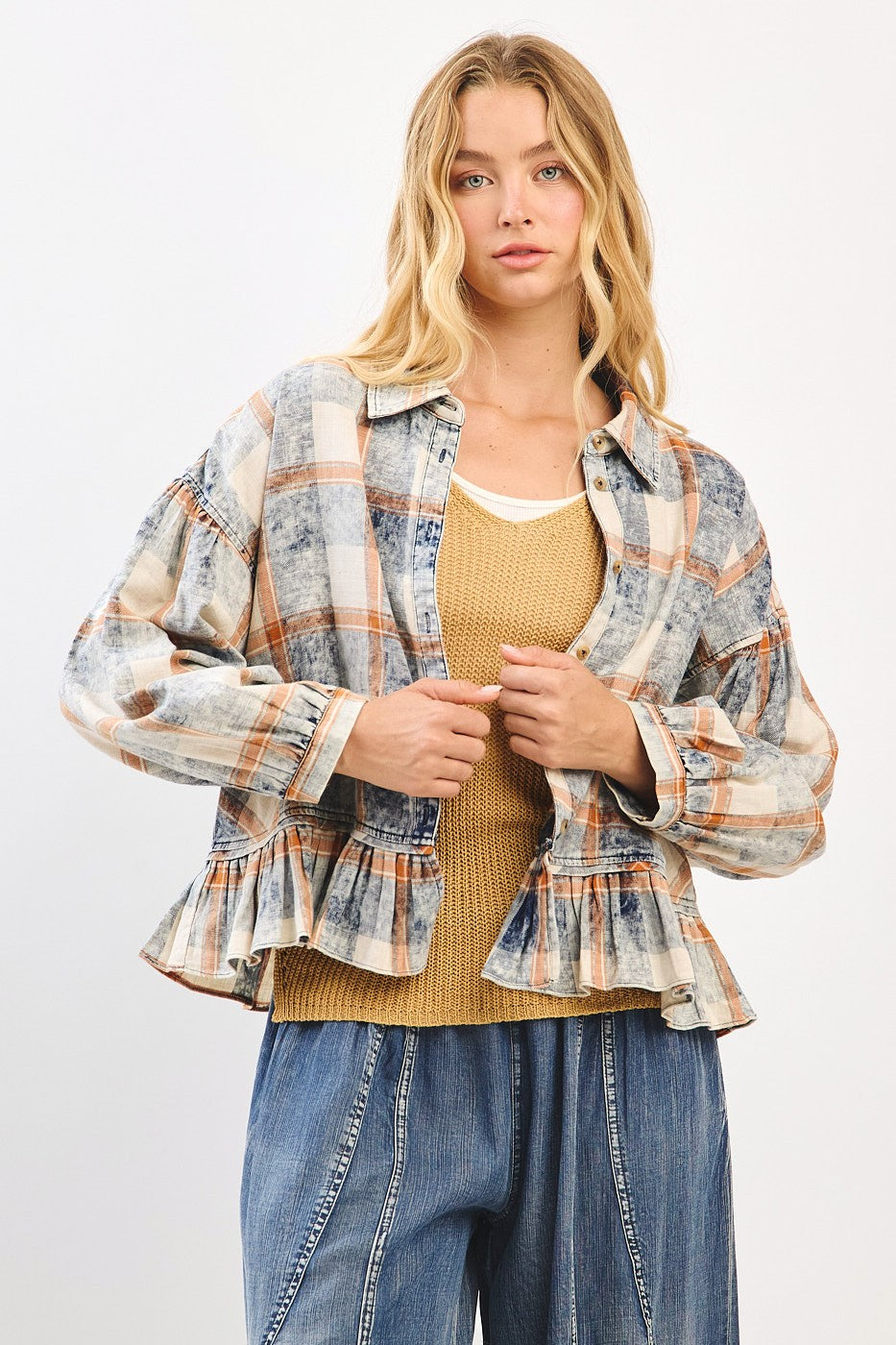Plaid Ruffle Button Up